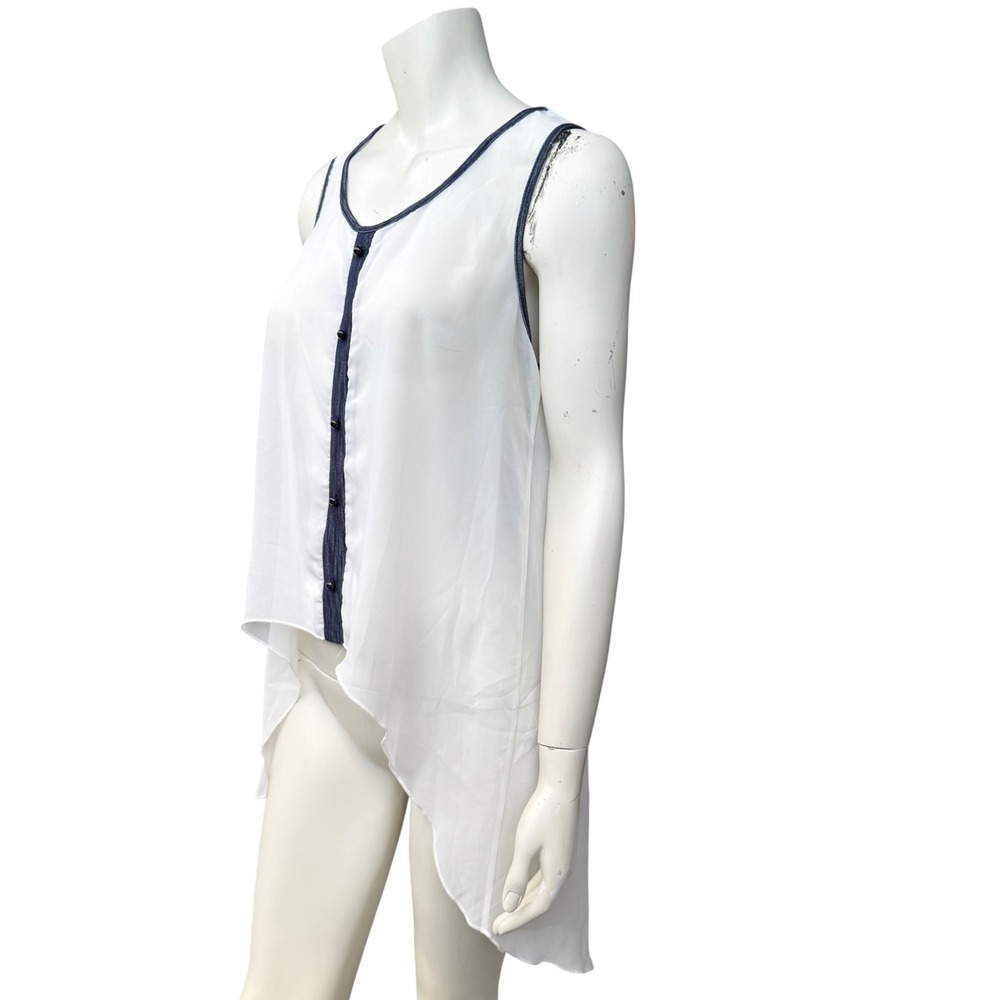 UK2LA Sleeveless High-Low Top Y2K Style Sheer White Navy Trim Boho Festival L - Picture 6 of 12